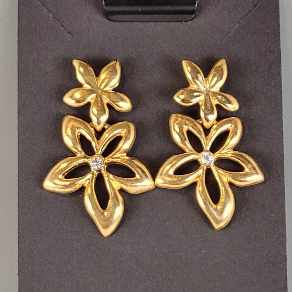 Vintage Gold Floral Dangle Earring Openwork Drop Rhinestone Accents And Gift Bag